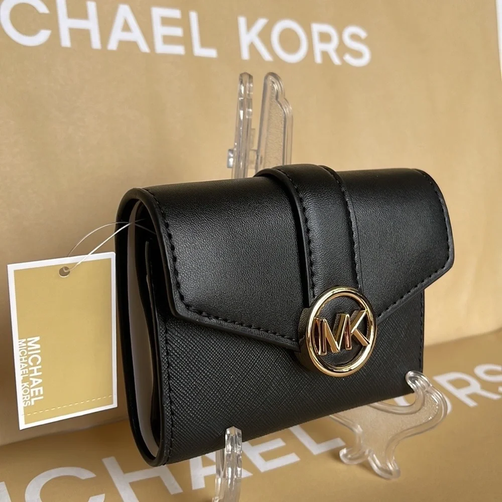 MICHAEL KORS CARMEN MEDIUM LOGO AND FAUX LEATHER WALLET BLACK